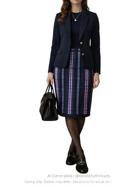 Preppy Plaid Pencil Skirt Navy Purple Office Chic Dark Academia M
